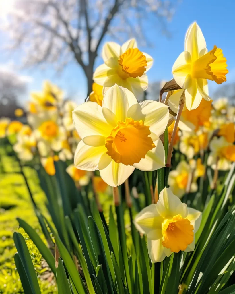 Påskliljor i trädgården.