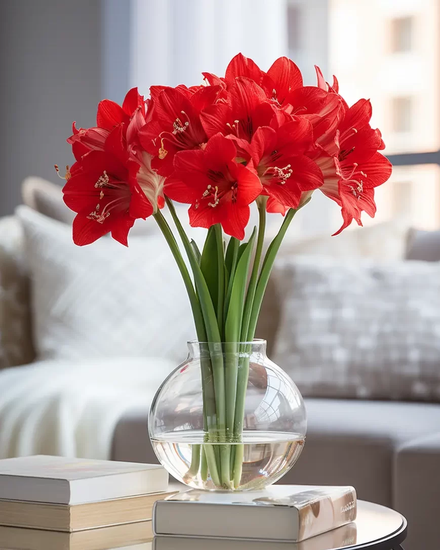 Röda Amaryllis i vas.