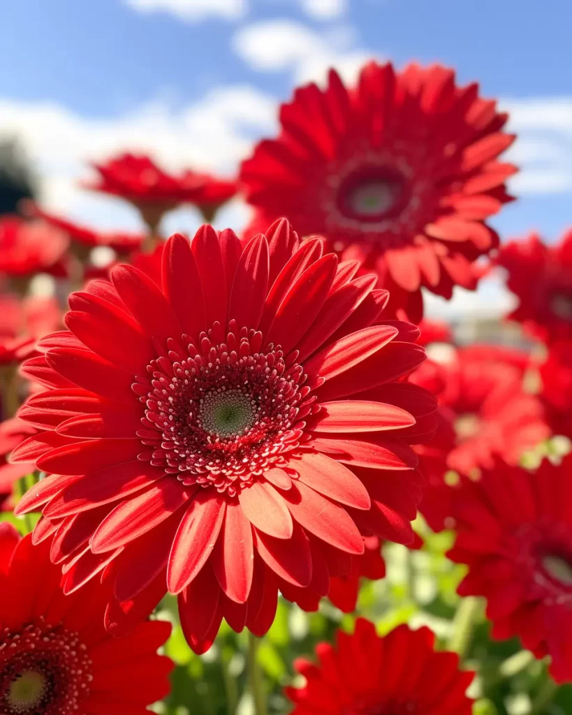 Röda Gerbera i trädgården.
